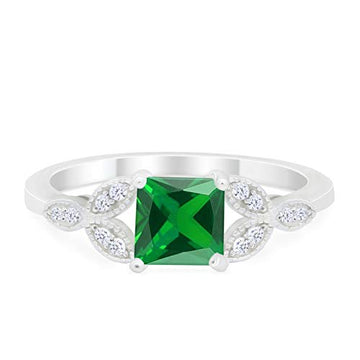 Art Deco Design Engagement Ring Princess Cut Simulated Green Emerald CZ 925 Sterlig Silver